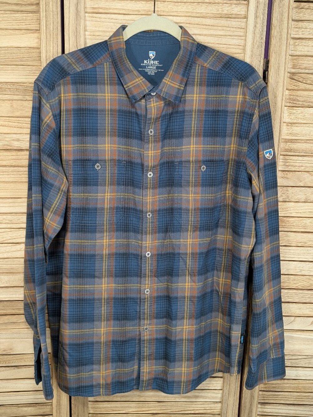 Kuhl Fugitive Plaid Long-Sleeve Button-Down Blue and Gold Shirt Size Large